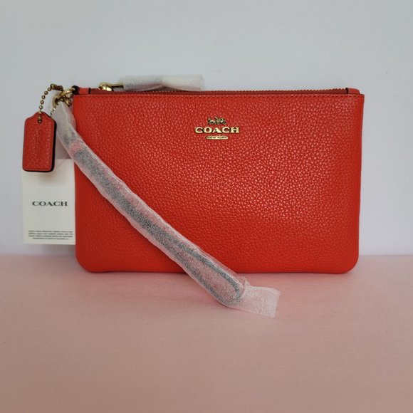 COACH Small Wristlet in Polished Pebbled Leather -Red Orange - Picture 1 of 16